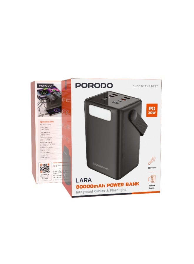 porodo LARA Power Bank 80000mAh with Integrated Cables and Flashlight / Fast Charge Powerbank / Portable Charger 20W PD / Portable Handle / Built-in Safety Feature / High Battery Capacity - Black - Image 5